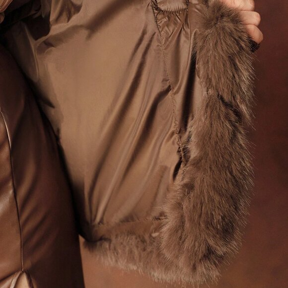 Brown Preppy Women's Plus Size Patchwork V-Neck Faux Fur Jacket - Picture 8 of 8